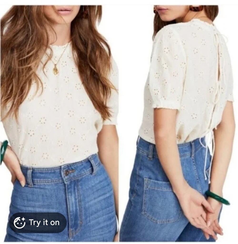 Free People Letters To Juliet Top Ivory White Tied Back Eyelet Brocade sheer Med